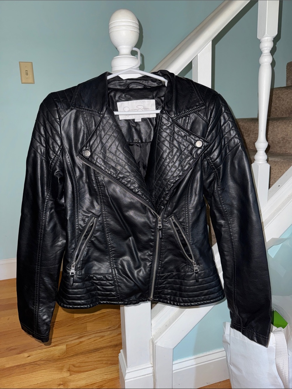 Jessica Simpson Black Quilted Faux Leather Moto Jacket size small